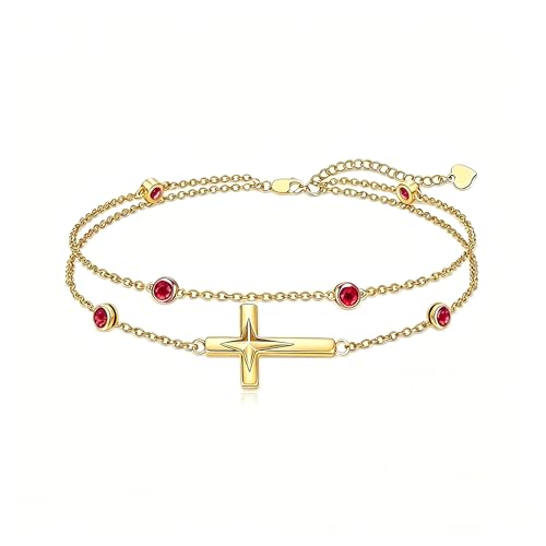Midari 18K Yellow Gold Gemstone Birthstone Anklet Bracelet Cross Jewelry with 12 Months Birthstone Birthday Gifts for Women Wife Her Daughter Mom - color: 07-Jul-Ruby, size: Anklet 9"-11"