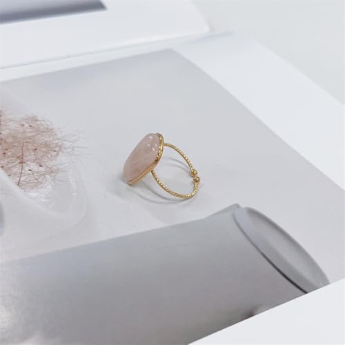 OIDIMS Gemstone Statement Ring for Women Gold-Tone Stainless Steel Natural Stone Rose Quartz Aventurine Turquoise Adjustable Open Band Stacking Finger Rings Boho Cocktail Wedding Party Jewelry - color: Pink