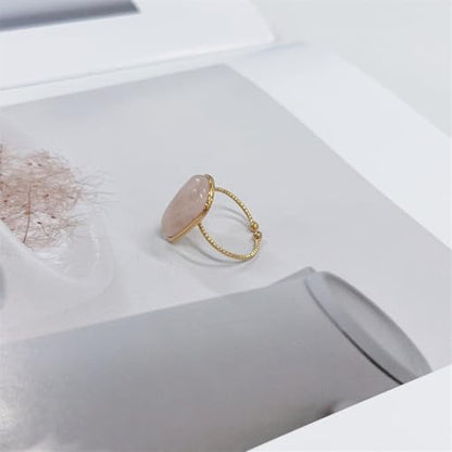 OIDIMS Gemstone Statement Ring for Women Gold-Tone Stainless Steel Natural Stone Rose Quartz Aventurine Turquoise Adjustable Open Band Stacking Finger Rings Boho Cocktail Wedding Party Jewelry - color: Pink