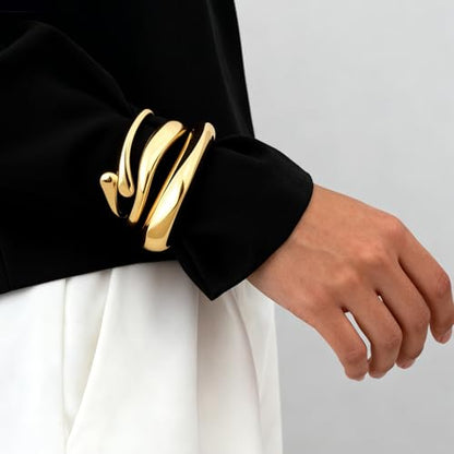 Chunky Gold Bangle Bracelets for Women, 3PCS Dainty Gold Plated Cuff Bracelet Big Stackable Bangles Set, Trendy Statement Chunky Bracelet Stack Fashion Jewelry Gifts