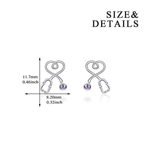 Stethoscope Earrings 925 Sterling Silver Heart Studs Earrings 12 Months Birthstone Crystals from Austria, Graduation Jewelry Gifts for Nurse Doctor RN Medical Student - color: Violet Purple