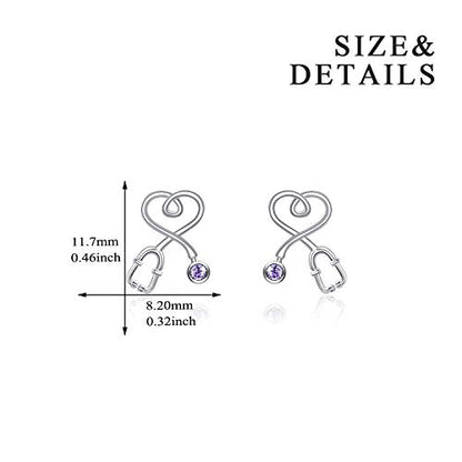 Stethoscope Earrings 925 Sterling Silver Heart Studs Earrings 12 Months Birthstone Crystals from Austria, Graduation Jewelry Gifts for Nurse Doctor RN Medical Student - color: Violet Purple