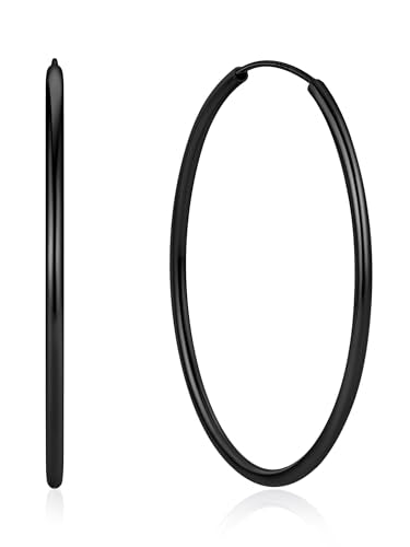 ChicSilver 925 Sterling Silver Hoop Earrings for Women Hypoallergenic, Lightweight Large Gold Plated Silver Hoop Earrings, Endless Hoops Earring 20/30/40/50/60/70MM - color: A. High Polished Black, size: 50mm