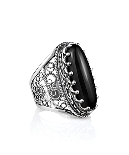 Filigranist 925 Sterling Silver Handcrafted Filigree Art Women Oval Boho Statement Ring with Gemstones, Gift Boxed - color: Black Onyx, size: 6.5