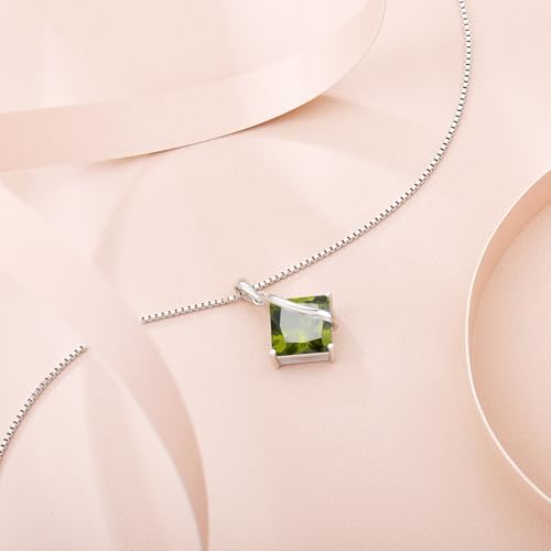 Square Princess Cut Necklace 925 Sterling Silver Solitaire Pendant Necklace Birthstone Jewelry Gifts for Women - color: 08 August - Peridot