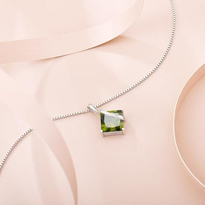 Square Princess Cut Necklace 925 Sterling Silver Solitaire Pendant Necklace Birthstone Jewelry Gifts for Women - color: 08 August - Peridot
