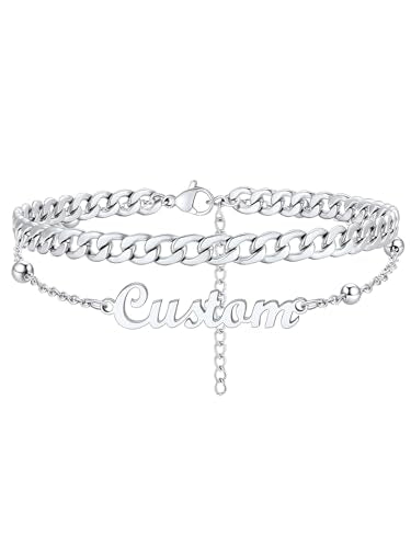 Custom4U Custom Name Anklet Bracelets for Women Waterproof Beaded/Figaro/Cuban/Rope/Wheat Chain Anklet Stackable Gold Plated Non Tarnish Custom Beach Gift Barefoot Summer Jewelry for Her - color: B02-Silver Cuban Chain