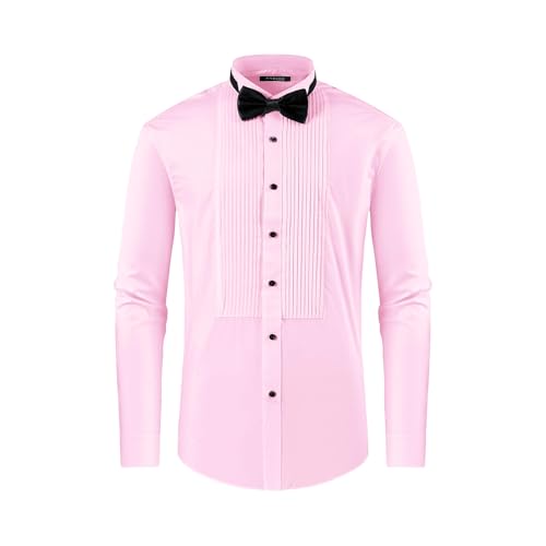 FAHIZO Men's White Tuxedo Shirt with Wing Collar, French Cuffs & Accessories - color: Bow Tie/Pink, size: Small