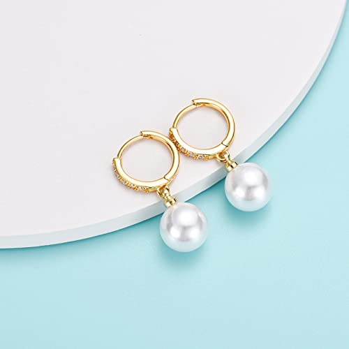 CERSLIMO Pearl Drop Earrings for Women | S925 Sterling Silver Post Simulated Shell Pearl Hoop Dangle Earrings, Hypoallergenic Cubic Zirconia Huggies Earrings Bridesmaid Jewelry - style: 01 Gold-Round