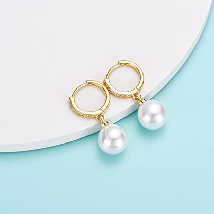 CERSLIMO Pearl Drop Earrings for Women | S925 Sterling Silver Post Simulated Shell Pearl Hoop Dangle Earrings, Hypoallergenic Cubic Zirconia Huggies Earrings Bridesmaid Jewelry - style: 01 Gold-Round