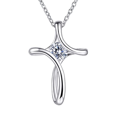 Cross Necklace for Women 925 Sterling Silver Birthstone Necklace for Women | Silver Necklaces with Diamond Sideways Birthstone Jewelry Gifts for Women 45+3cm Adjustable Chain - color: 04-April-Diamond