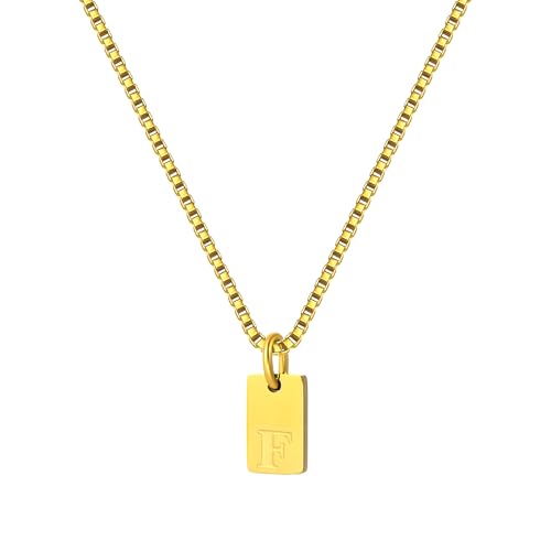 Gold Plated Square Initial Necklace Waterproof A-Z Letter Pendant on Thin Chain - Dainty, Stackable Jewelry for Women - color: Golden-F, size: F