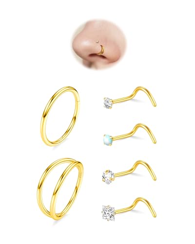 davka Nose Ring Set, 18G Hinged Hoop 8mm & 20G Nose Studs, Stainless Steel & Gold Plated, Hypoallergenic, Multiple Styles Nose Piercing Jewelry - color: Gold/Double hoops/18g 8mm hoops/Corkscrew studs