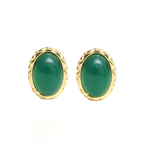 Gempires Bold Oval Gemstone Stud Earrings for Women – Natural Healing Stone Jewelry 14K Gold-Plated Hypoallergenic Tarnish-Resistant – Bold Statement Studs Gift for Her - style: Green Onyx