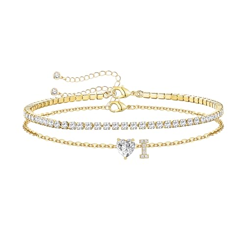 Gold Bracelets for Women Trendy Dainty 14K Gold Plated Layered Initial Tennis Bracelets for Women Non Tarnish A-Z Heart Letter Charm Gifts for Mom Best Friend - style: Gold-I