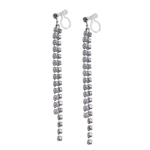 Dangle Silver Invisible Clip On Earrings for Women Not Pierced Gold Crystal Rhinestone Comfortable Hoop Fringe Long Chain Clip On Earrings - color: Pearl & Crystal