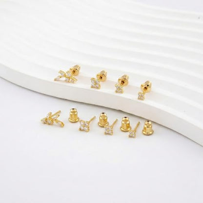 Stud Earring for Women, 14K Gold Silver Plated Hypoallergenic Studs Set | Trendy Cartilage Tragus Helix Clover Flower Earring Stack for Multiple Piercing, Dainty Cute Small Jewelry Gift, Non Tarnish - style: GD-Flower/Branch-4 Pairs
