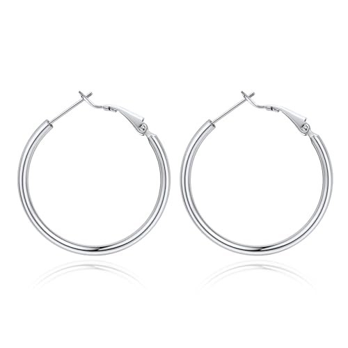 Jewlpire 14K Gold Plated 925 Sterling Sliver Post Hoop Earrings, 2MM Thick Hoop earrings Lightweight Large Hoop Earrings for Women Trendy 20/30/40/50/60/70mm - color: Silver Color, size: 20mm