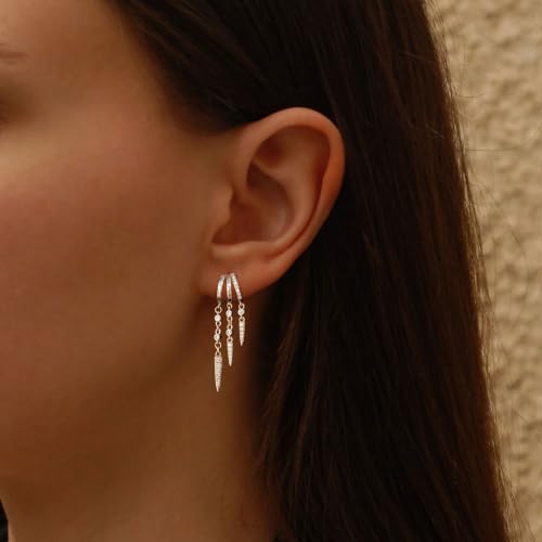 Dangle Earrings for Women,14k Gold Plated Triple Huggie Stud Earrings Cute Statement Chain Earring Dainty Drop Earrings for Women Trendy Gold Plated Jewelry - color: silver- dangle3