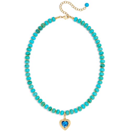 Boho Beaded Choker Necklaces for Women with A Gold Heart CZ - color: Turquoise