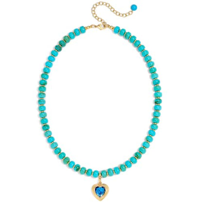 Boho Beaded Choker Necklaces for Women with A Gold Heart CZ - color: Turquoise