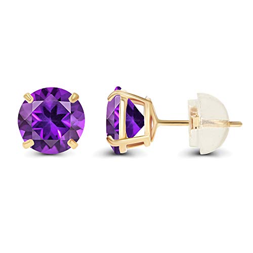 Genuine 10K Solid Yellow Gold 6mm Round Natural Purple Amethyst February Birthstone Stud Earrings