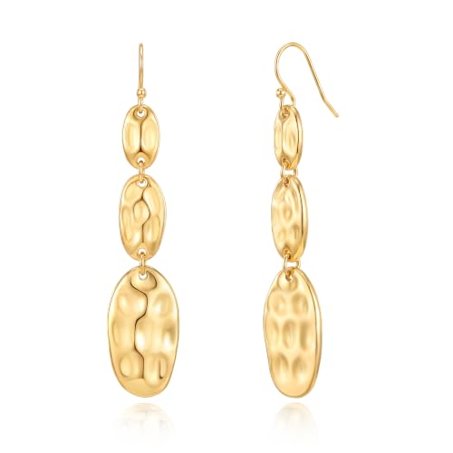 Gold Dangle Earrings for Women,Chunky 14K Gold Plated Drop Dangle Stud Earrings Long Statement Hammered Earring Hypoallergenic Jewelry for Women Gifts - style: Simple Hammered-GD