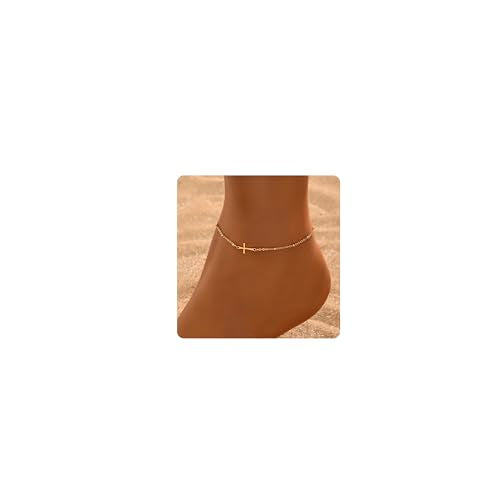 NONAMOIS Ankle Bracelets for Women Dainty 18K Gold Plated Anklet Waterproof Round Beaded Paperclip Herringbone Pearl Chain Anklets Waterproof Beach Foot Jewelry - color: Satellite Cross-Gold