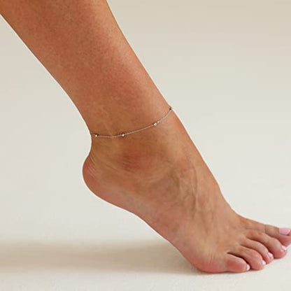 NONAMOIS Ankle Bracelets for Women Dainty 18K Gold Plated Anklet Waterproof Round Beaded Paperclip Herringbone Pearl Chain Anklets Waterproof Beach Foot Jewelry - color: Beaded-White Gold
