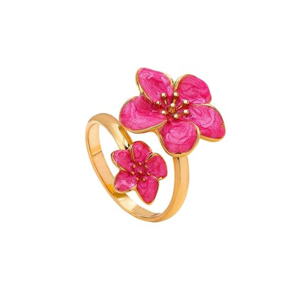NewZenro Elegant Flower Enamel Adjustable Open Ring for Women Gold-Tone Plated Chic Cherry Blossoms Floral Statement Finger Wrap Band Rings Comfort Fit Wedding Party Prom Fashion Jewelry - color: Hot Pink
