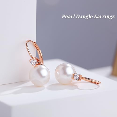 925 Sterling Silver Pearl Leverback Earrings for Women Cubic Zirconia Pearl Jewelry 10MM - color: A: Leverback-Rose Color