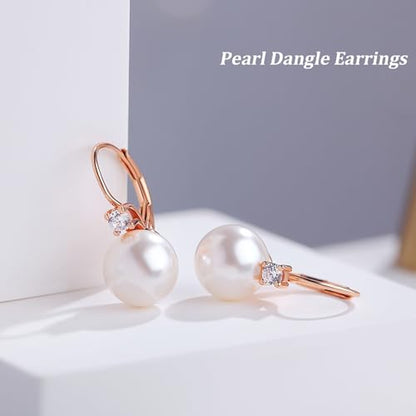 925 Sterling Silver Pearl Leverback Earrings for Women Cubic Zirconia Pearl Jewelry 10MM - color: A: Leverback-Rose Color