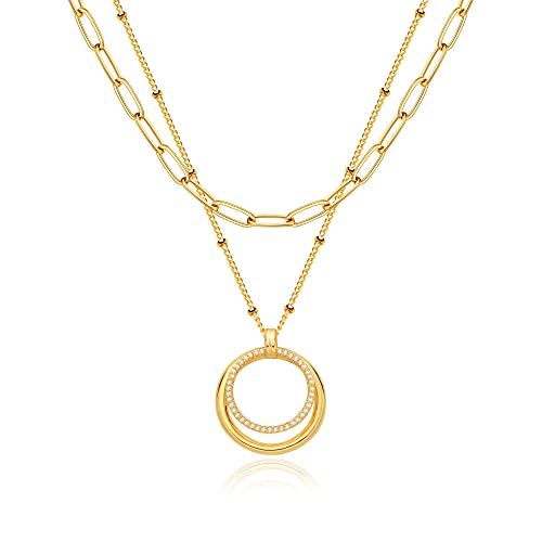 MEVECCO Dainty Pendant Layered Necklaces for Women | 18K Gold Plated Brass, 2-Piece Set With A Choker-Length Upper Layer, Wear Together Or Separately, Refined Everyday Style - style: Layer Double Circle