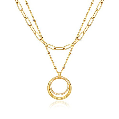 MEVECCO Dainty Pendant Layered Necklaces for Women | 18K Gold Plated Brass, 2-Piece Set With A Choker-Length Upper Layer, Wear Together Or Separately, Refined Everyday Style - style: Layer Double Circle