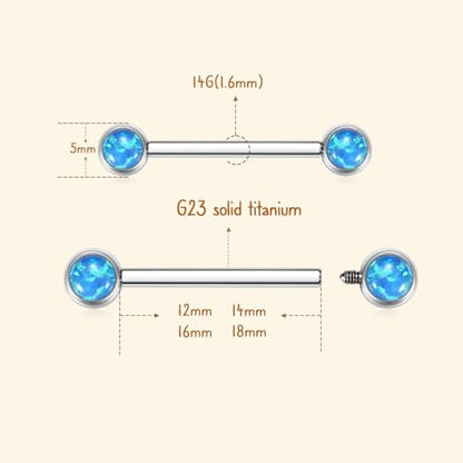 AROWRO Nipple Piercing Jewelry Nipple Rings Titanium Nipple Rings Implant Grade Hypoallergenic 14G Internally Threaded Straight Barbells with Cubic Zirconia Opal Gold Silver Rose Gold Black 12mm 14mm 16mm 18mm 20mm - color: Silver+Blue Opal