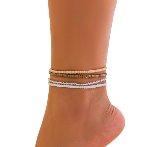 5Pcs Summer Beach Bead Anklet Bracelet,Multi-layered Pearl Anklets,Bikini Foot Chain Bracelet Wedding Bridal Adjustable Leg Bracelet Jewelry for Women Girls - style: Yellow