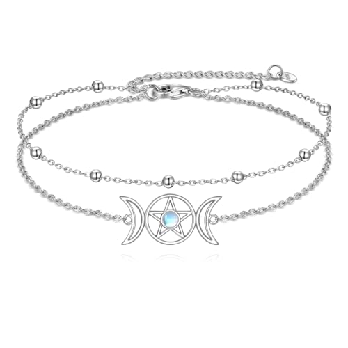 925 Sterling Silver Cat Butterfly Anklets Double Layered Chain for Birthday Women Ankle Bracelet Summer Beach Dainty Jewelry - style: Moon and Star