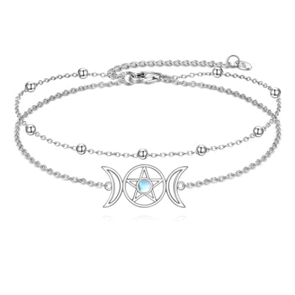 925 Sterling Silver Cat Butterfly Anklets Double Layered Chain for Birthday Women Ankle Bracelet Summer Beach Dainty Jewelry - style: Moon and Star