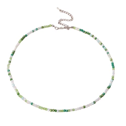 Dainty Colorful Crystal Beaded Chain Adjustable Lightweight Choker Necklace Handmade Bohemian Shiny 3mm Rice Stone Beads Necklace Boho Summer Beach Jewelry for Women - color: green