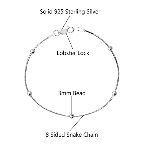 Savlano 925 Sterling Silver 9, 10 Inches Chain Anklet for Women Comes With a Gift Box - style: 8 Sided Snake/Bead
