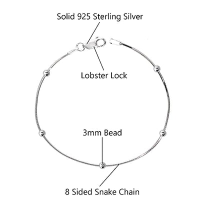 Savlano 925 Sterling Silver 9, 10 Inches Chain Anklet for Women Comes With a Gift Box - style: 8 Sided Snake/Bead