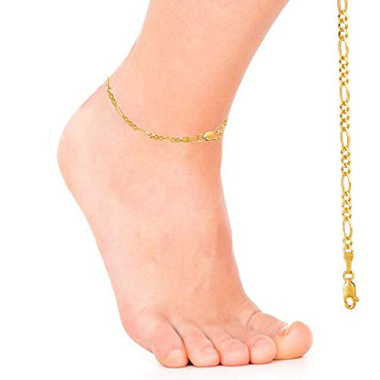 Ritastephens Sterling Silver or Gold Tone Italian 2.1mm Figaro Link Chain Anklet, Bracelet, or Necklace - style: 11" Anklet (Gold-Tone)