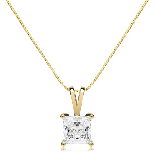 Everyday Elegance Solid 14K Gold Cubic Zirconia Solitaire Pendant Necklace for Women Heart, Princess, Round, Oval, Emerald, Pear & Cushion Cut 1 or 2 CTW | .60mm Thick 16" 18" Length Box Link Chain - color: 14K Yellow Gold, size: 16 " Chain (0.60 mm Thick