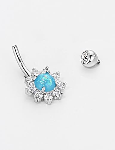 Belly Button Ring Dangle, Cross Belly Button Ring, Navel Piercing | 316L Surgical Steel, AAA+ Cubic Zirconia, Nickel-Free, Hypoallergenic, Multi-Style, 14 Gauge 10 mm Screw On Piercing Stud - style: Blue Opal Sun Flower