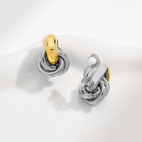 Gold Geometric Clip On Earrings for Women Chunky Gold Knot Link Clip Earrings Trendy Jewelry - color: Two Tone-B