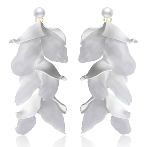 Handmade Bohemian Lightweight Fabric Flower Dangle Drop Earrings Chic Pearl Large Tassel Petal Stud Earrings For Women - color: White
