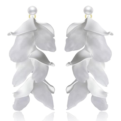 Handmade Bohemian Lightweight Fabric Flower Dangle Drop Earrings Chic Pearl Large Tassel Petal Stud Earrings For Women - color: White