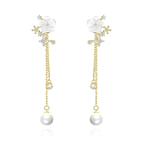 Pearl Earrings for Women 14k Gold/Silver Pearl Drop Earrings Long White Pearl Tassel Dangle Statement Earrings Bridal Wedding Dainty Prom Earrings Birthday Gifts Jewelry - color: Gold CZ Flower Pearl Drop Earrings
