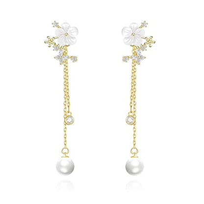 Pearl Earrings for Women 14k Gold/Silver Pearl Drop Earrings Long White Pearl Tassel Dangle Statement Earrings Bridal Wedding Dainty Prom Earrings Birthday Gifts Jewelry - color: Gold CZ Flower Pearl Drop Earrings
