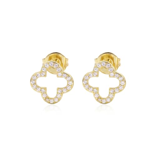 18K Gold Plated Huggie Hoop Earrings for Women, 925 Sterling Silver Post, Hypoallergenic Small Earrings - color: Clover Pavé Studs